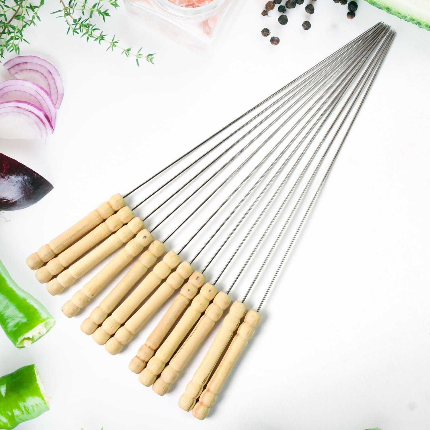 BBQ Skewers – Stainless Steel with Wooden Handles, Set of 12 | Indo Glow
