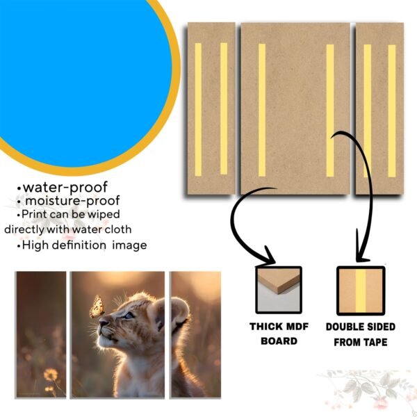 Lion Cub Wall Art – Vibrant 3-Panel MDF Wall Decor