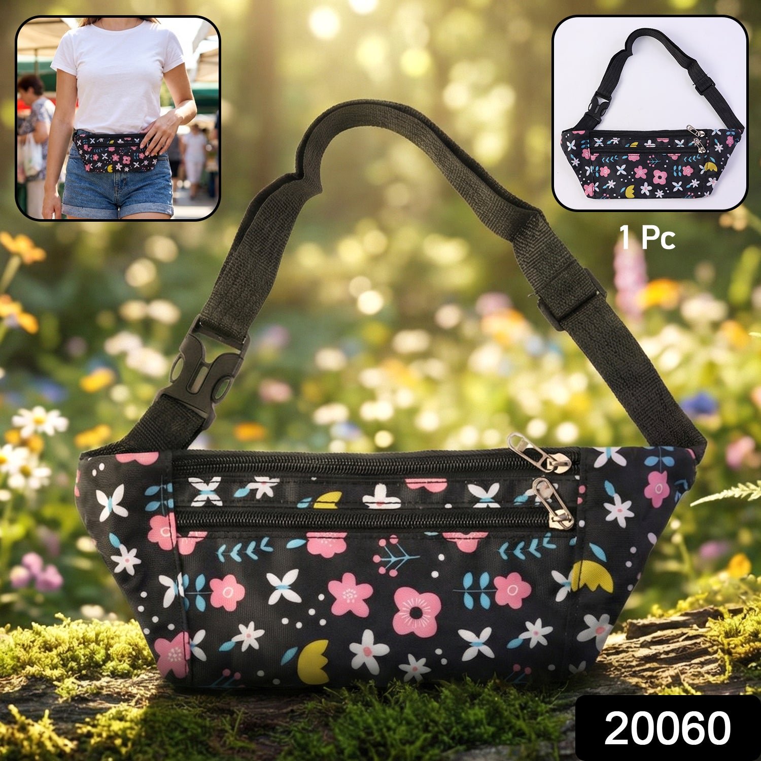 Floral Print Waist Bag – Adjustable Strap with Zipper Pockets