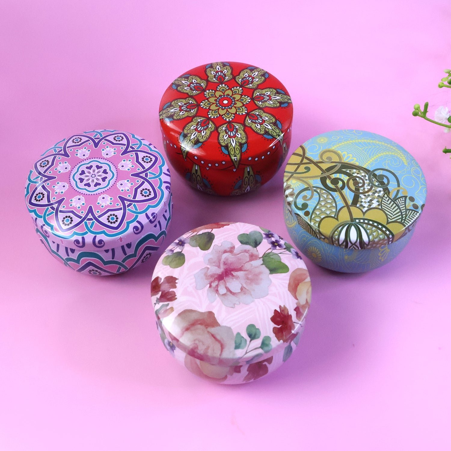 Mandala Printed Metal Candle Container – Reusable 4 Piece Set