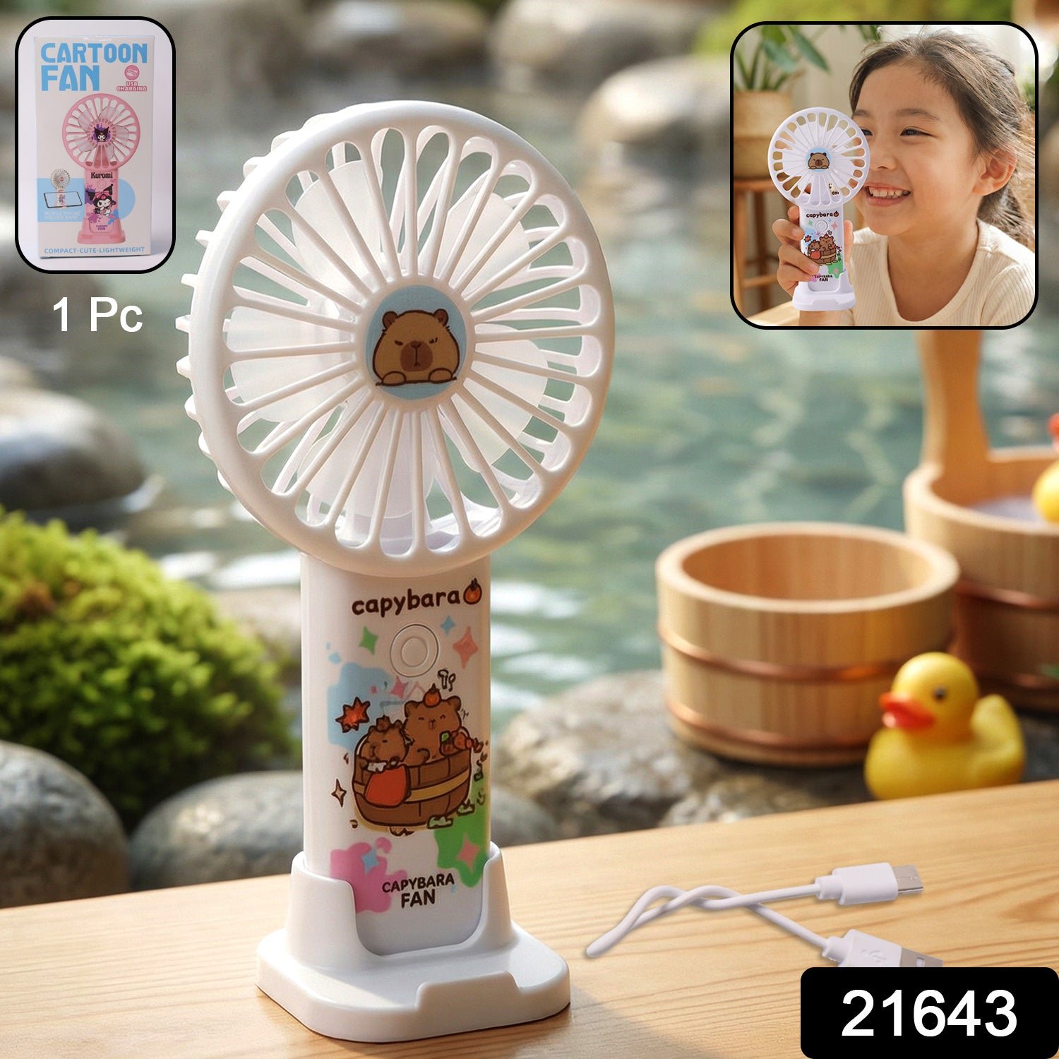 Rechargeable Handheld Fan – Cute Cartoon Capybara with USB Stand