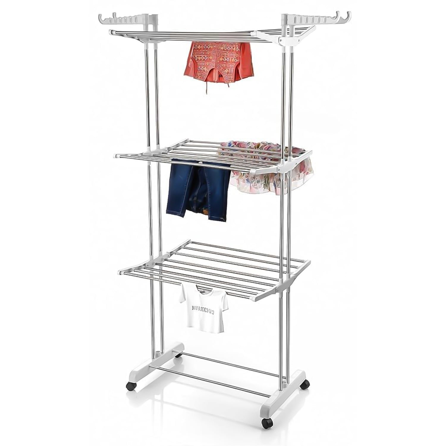 Cloth Drying Stand – 3-Tier Foldable Stainless Steel with Wheels