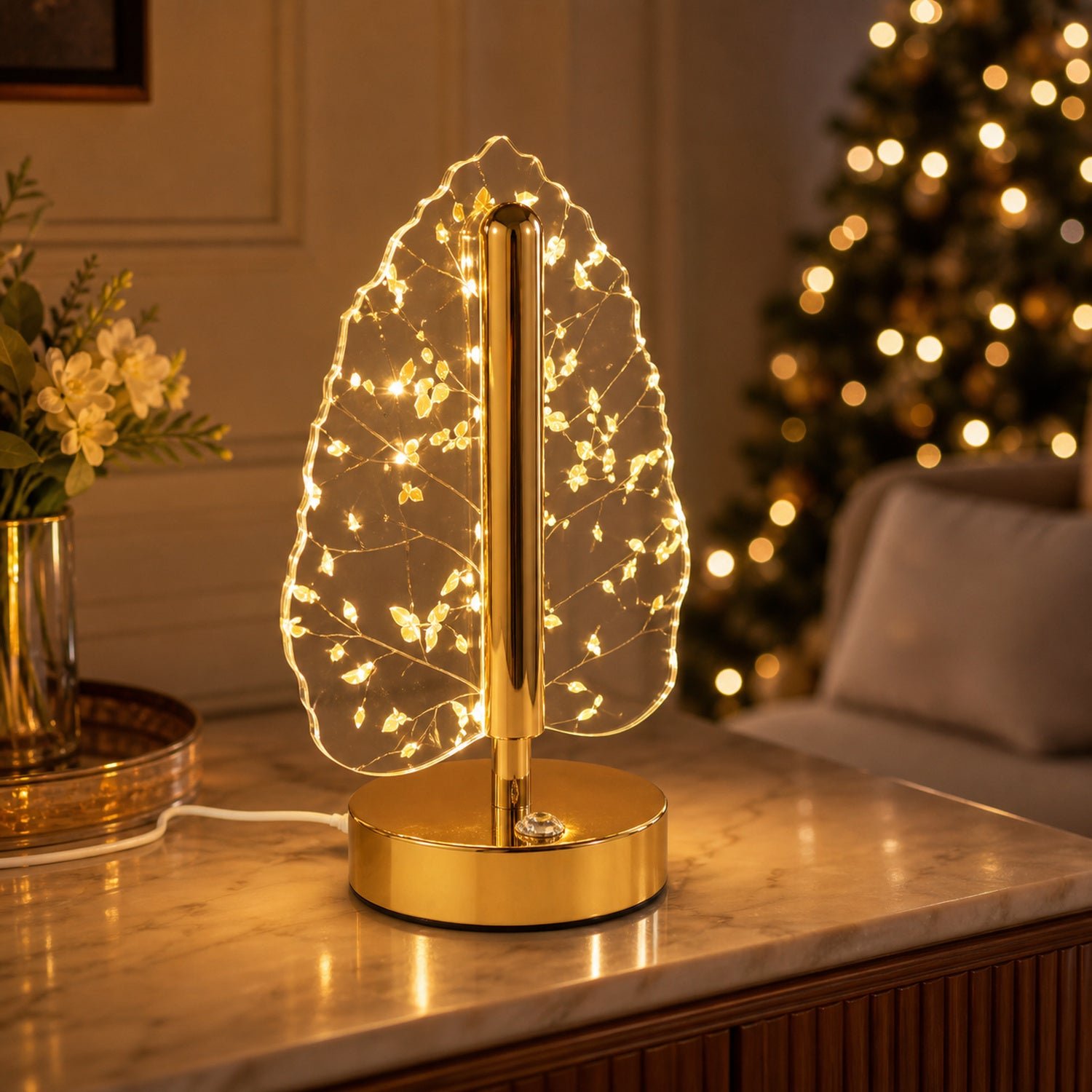 Golden Crystal Leaf LED Table Lamp – USB Charging & Warm Light