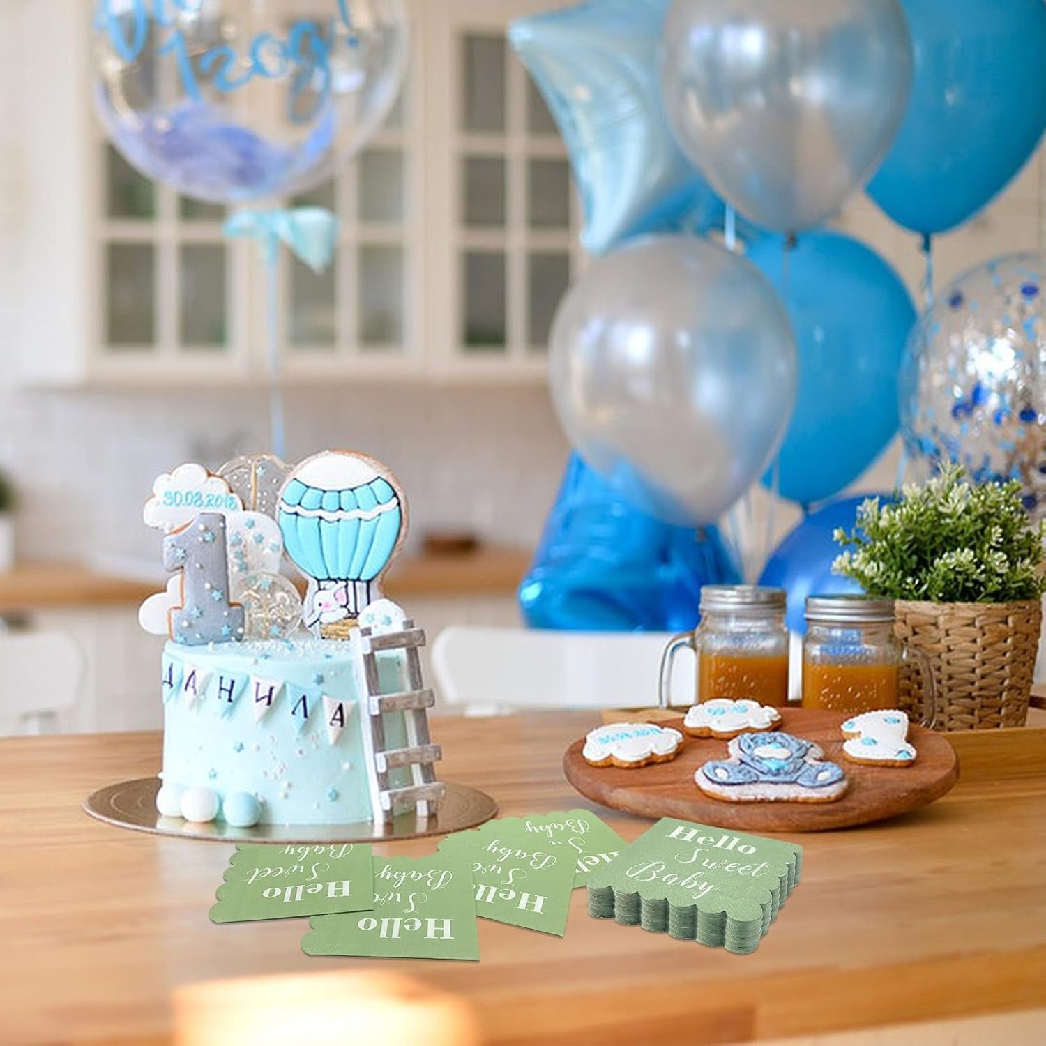 Hello Sweet Baby Party Paper Napkins – Soft Mint Green 24 Pc
