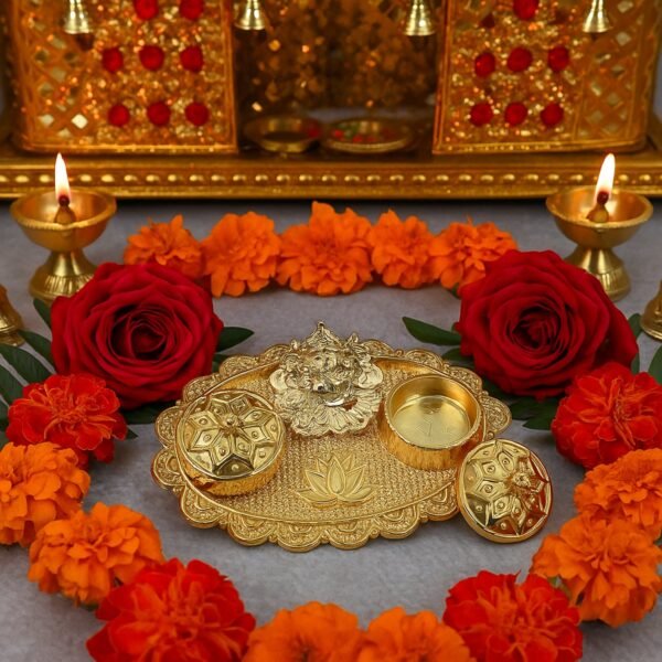 07_thali Ganesh Embossed Roli-Chawal Kumkum Chopra – Antique Gold Finish