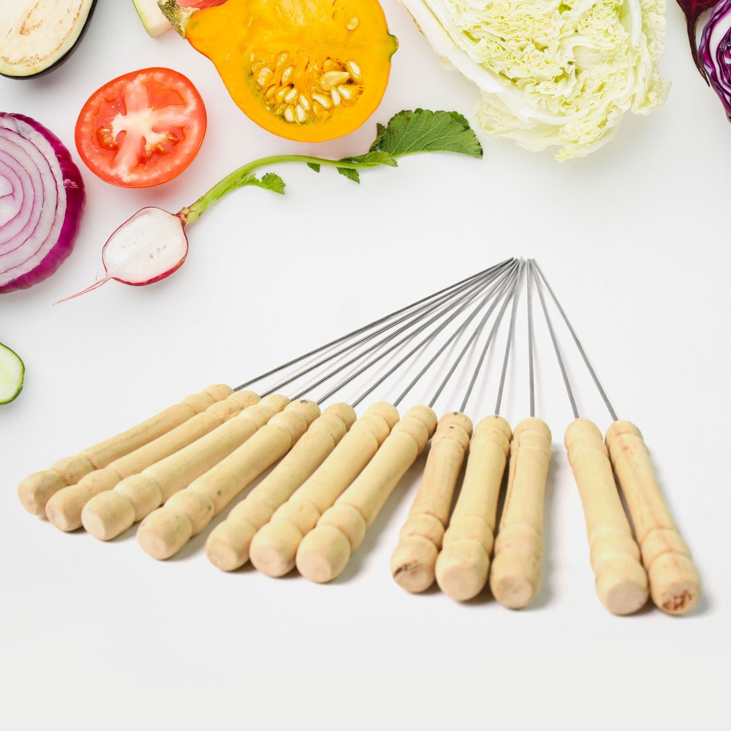 BBQ Skewers – Stainless Steel with Wooden Handles, Set of 12 | Indo Glow