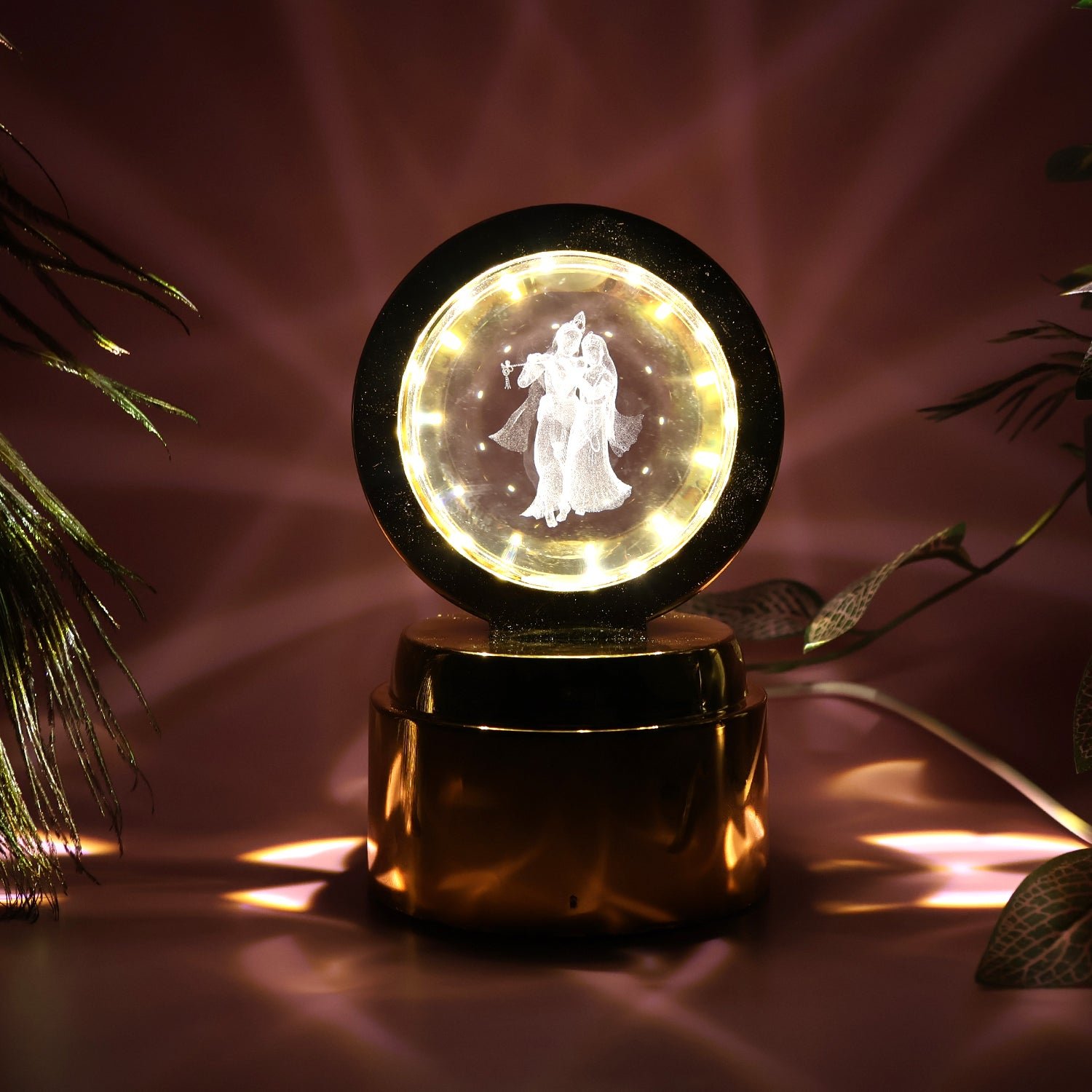 Radhe Krishna Crystal Ball Night Light – 360° Rotating LED Lamp