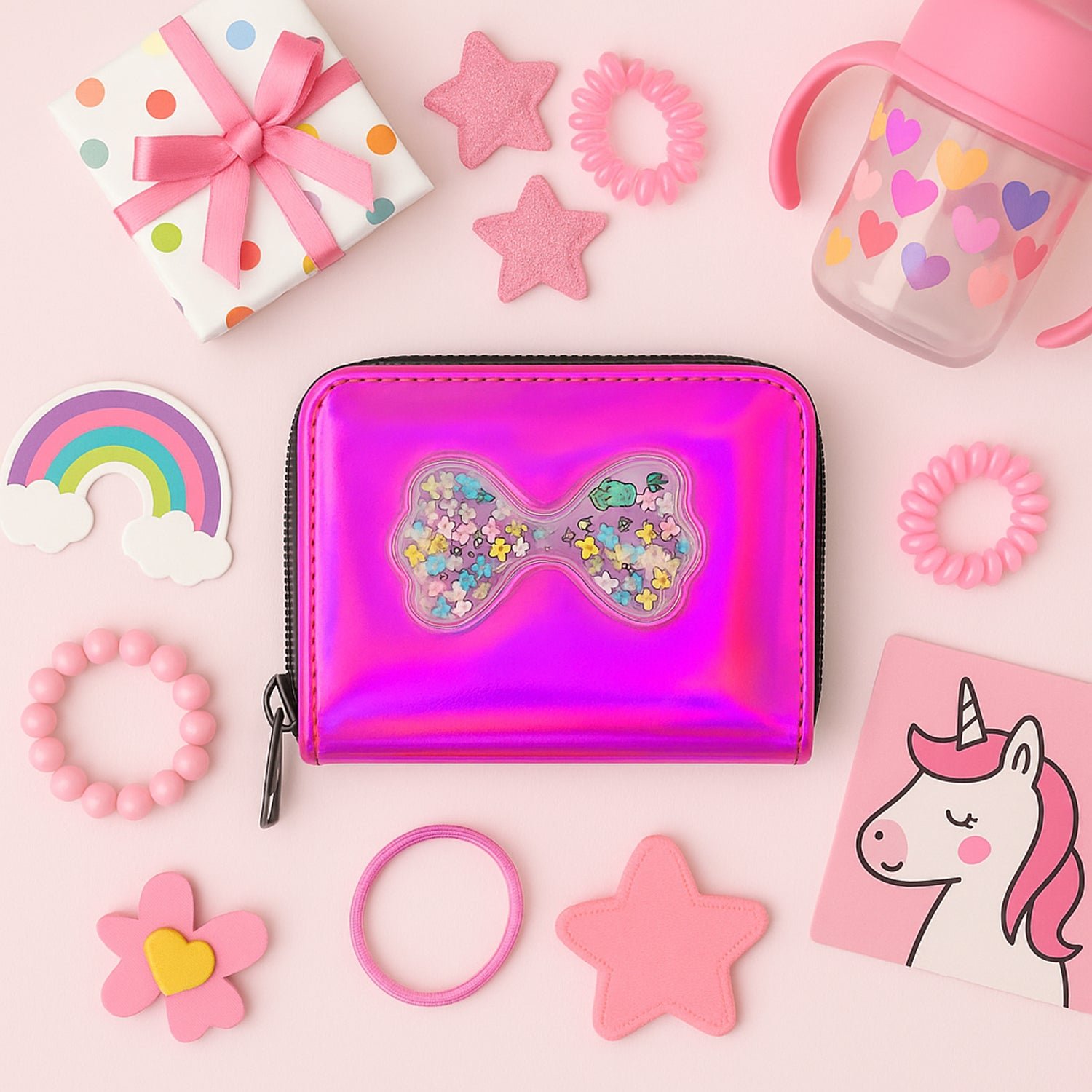 Kids Wallet – Vibrant Holographic Zip Closure with Glitter Bow