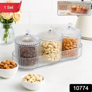 Dry Fruit Storage Jars – 3-Piece Set with Tray for Freshness