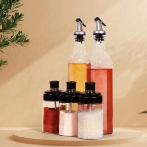 Glass Oil Dispenser & Spice Jar Set – Leakproof Storage |
