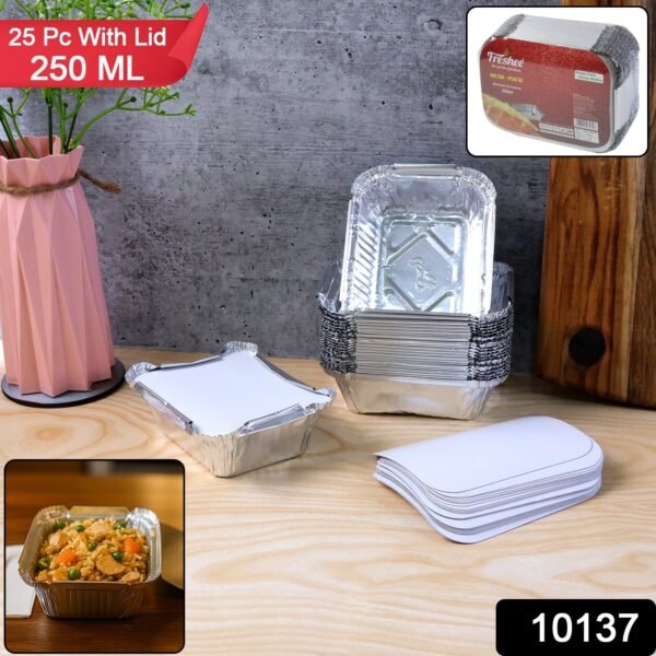 109310137-50Pc-Container250ml-Av-Sv 250 ml Disposable Aluminium Food Containers with Lids – Leak-Resistant Pack of 25