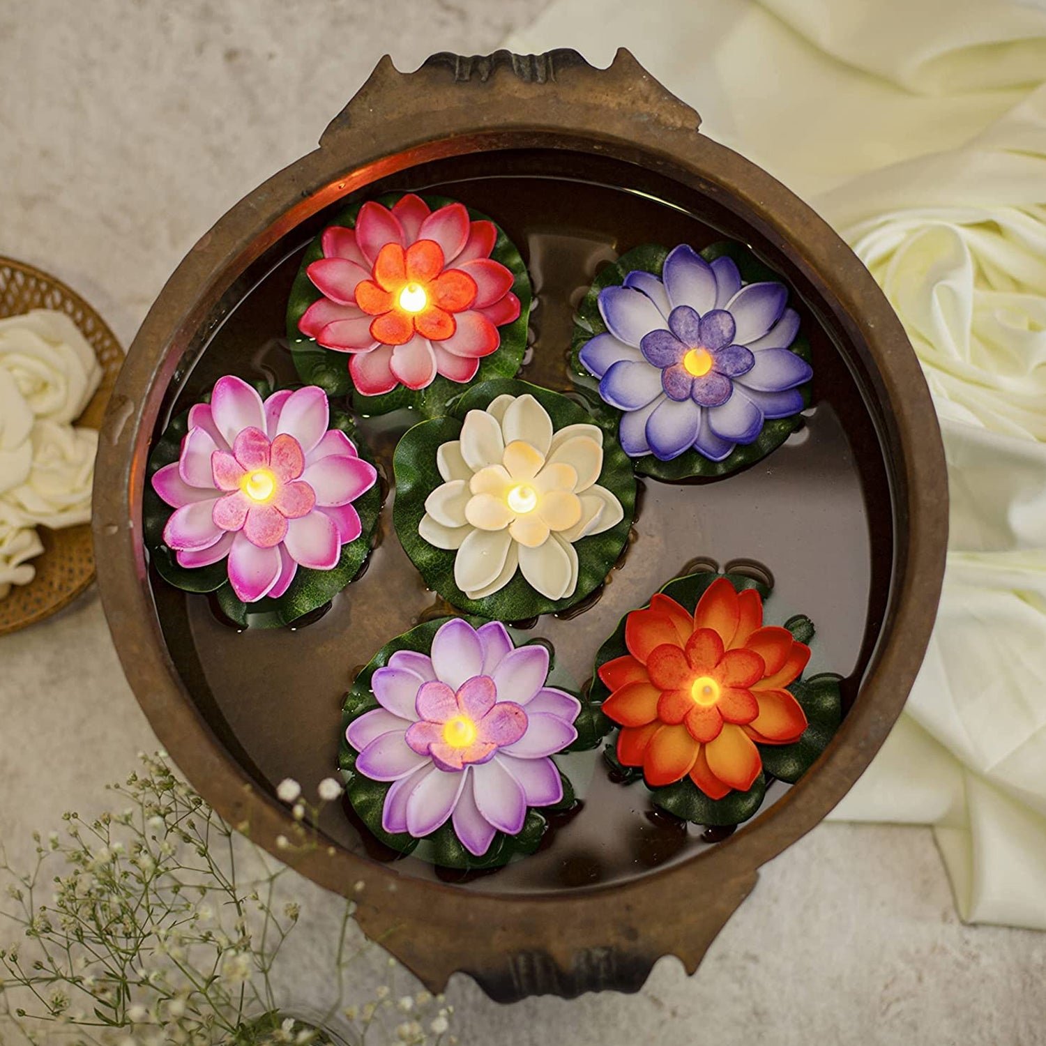 Floating Lotus LED Candles – Smokeless & Waterproof (Pack of 6) | Indo Glow