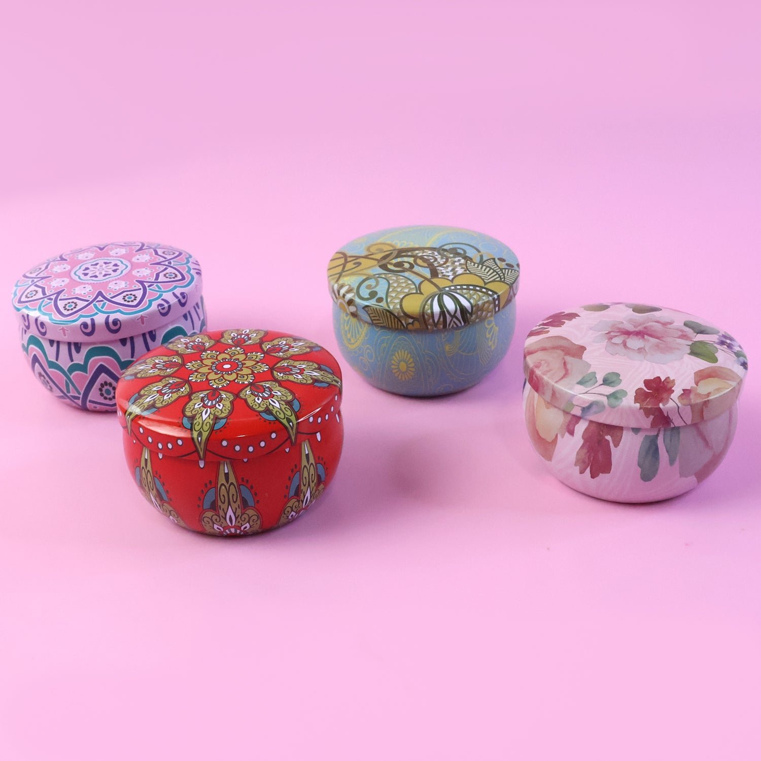 Mandala Printed Metal Candle Container – Reusable 4 Piece Set
