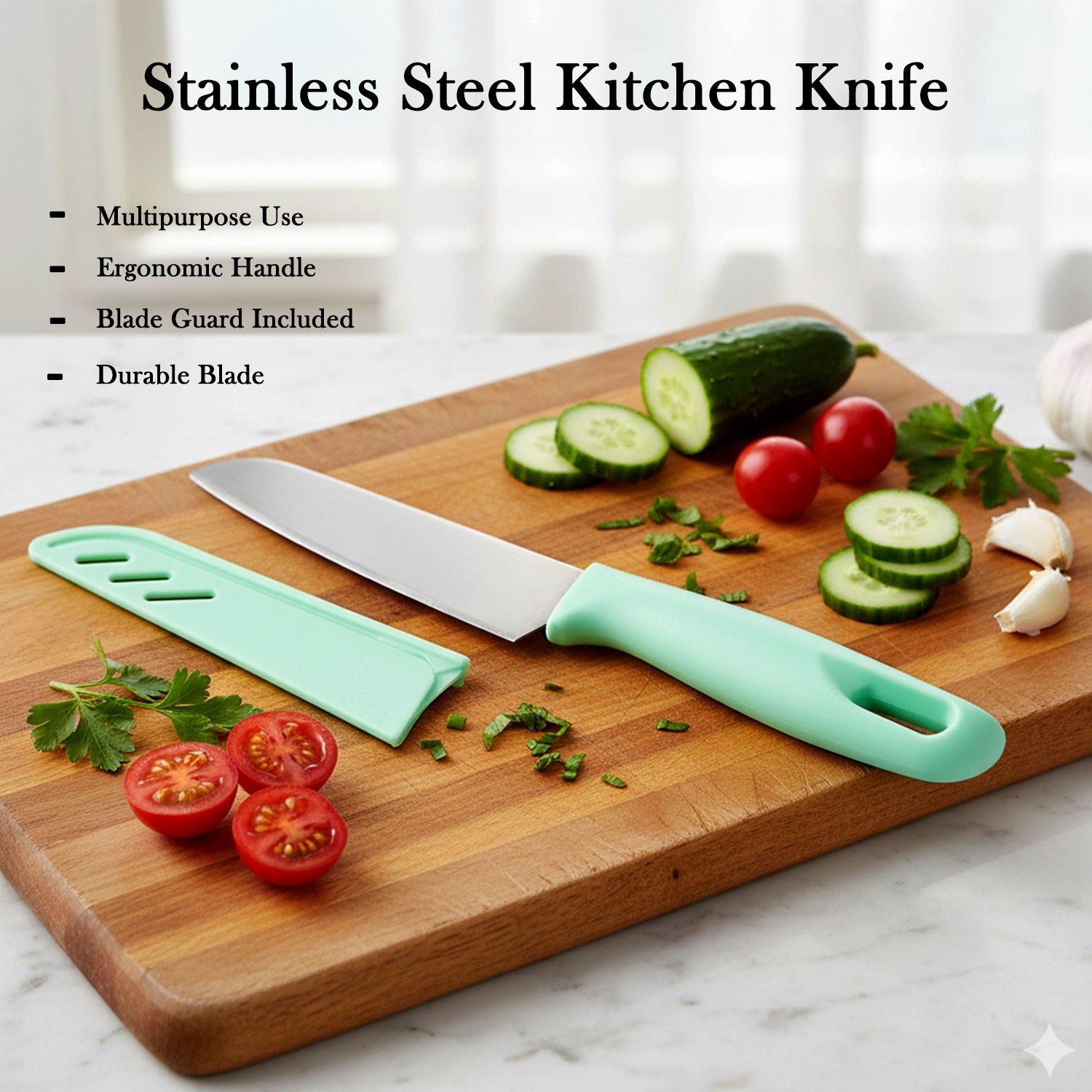 Stainless Steel Kitchen Knife – Ergonomic Soft Grip & Protective Cover