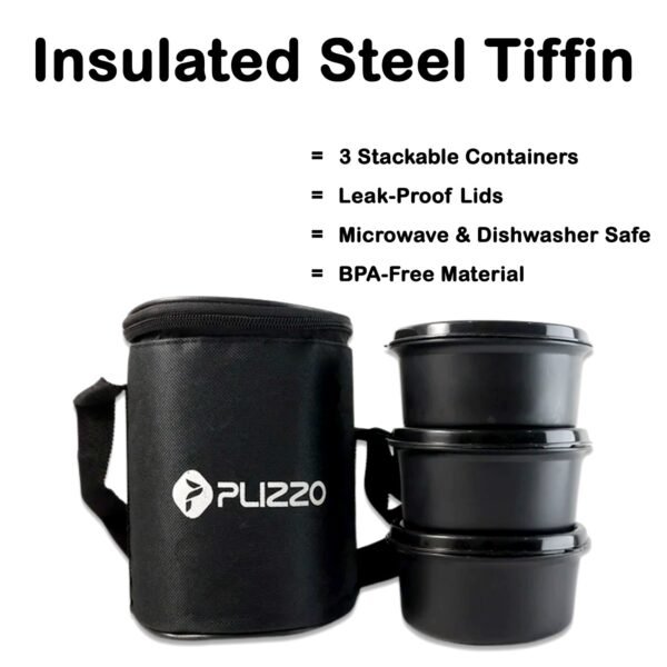 Insulated Stainless Steel Tiffin Lunch Box – 3 Containers with Carry Bag