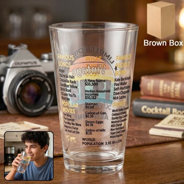 Printed Vintage Trivia Drinking Glass – Unique Novelty Gift