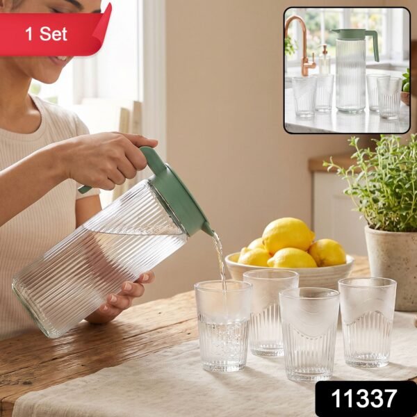 11337.jpg Glass Water Jug with Lid and 4 Glasses Set Ribbed Pitcher Carafe (1 Set)