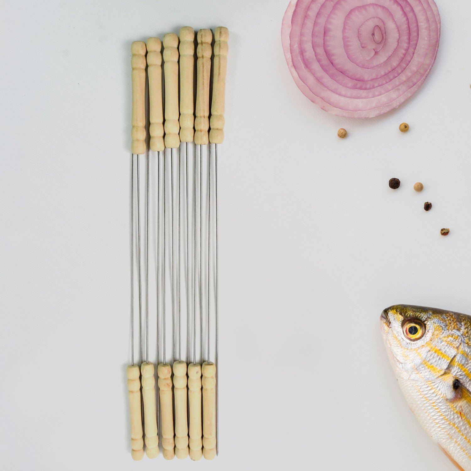 BBQ Skewers – Stainless Steel with Wooden Handles, Set of 12 | Indo Glow