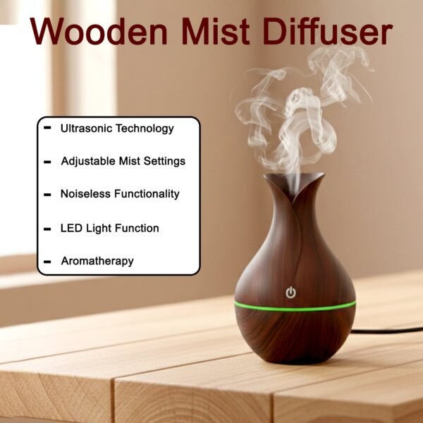Mini Wooden Humidifier – Ultrasonic Mist Diffuser with LED | Indo Glow
