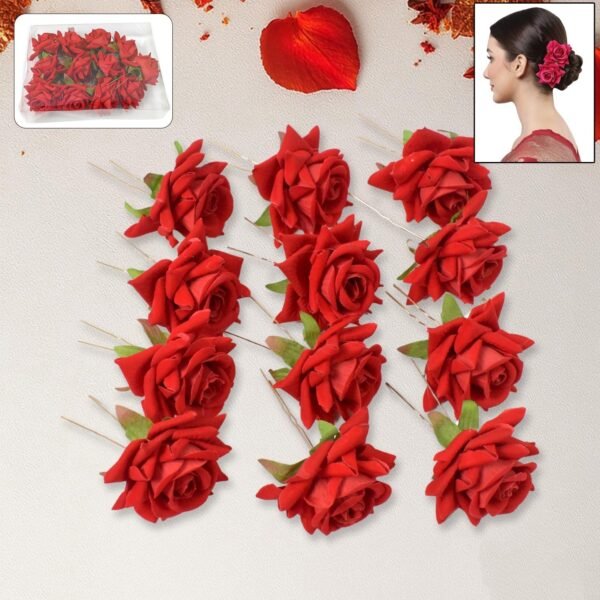 Red Rose Hair Clip – 12 Pc Bridal Flower Pins for Women | Calm & Curl