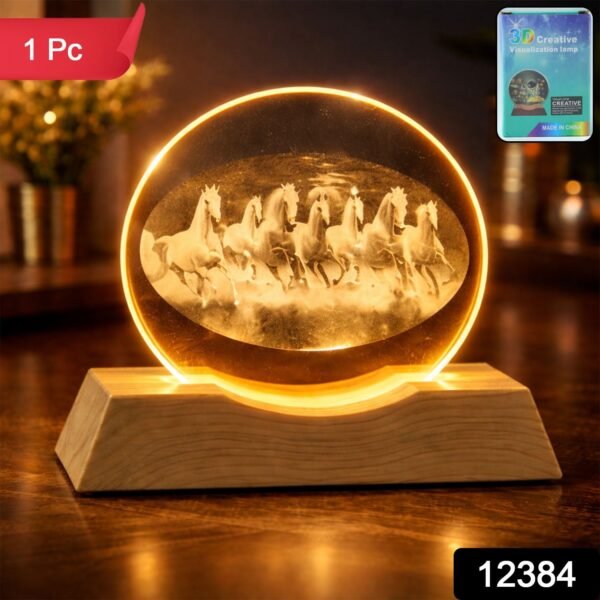 3D Crystal LED Table Lamp – Running Horses on Wooden Base