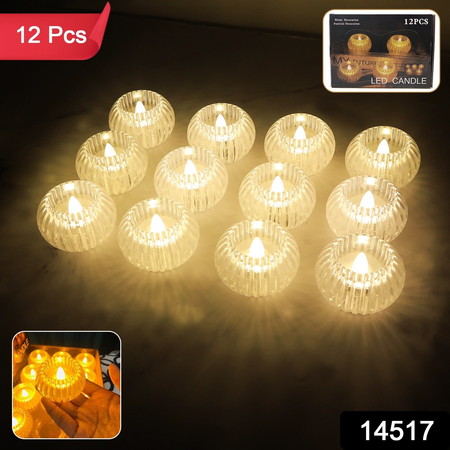 LED Crystal-Effect Flameless Candles – Set of 12 Battery-Operated Tealights