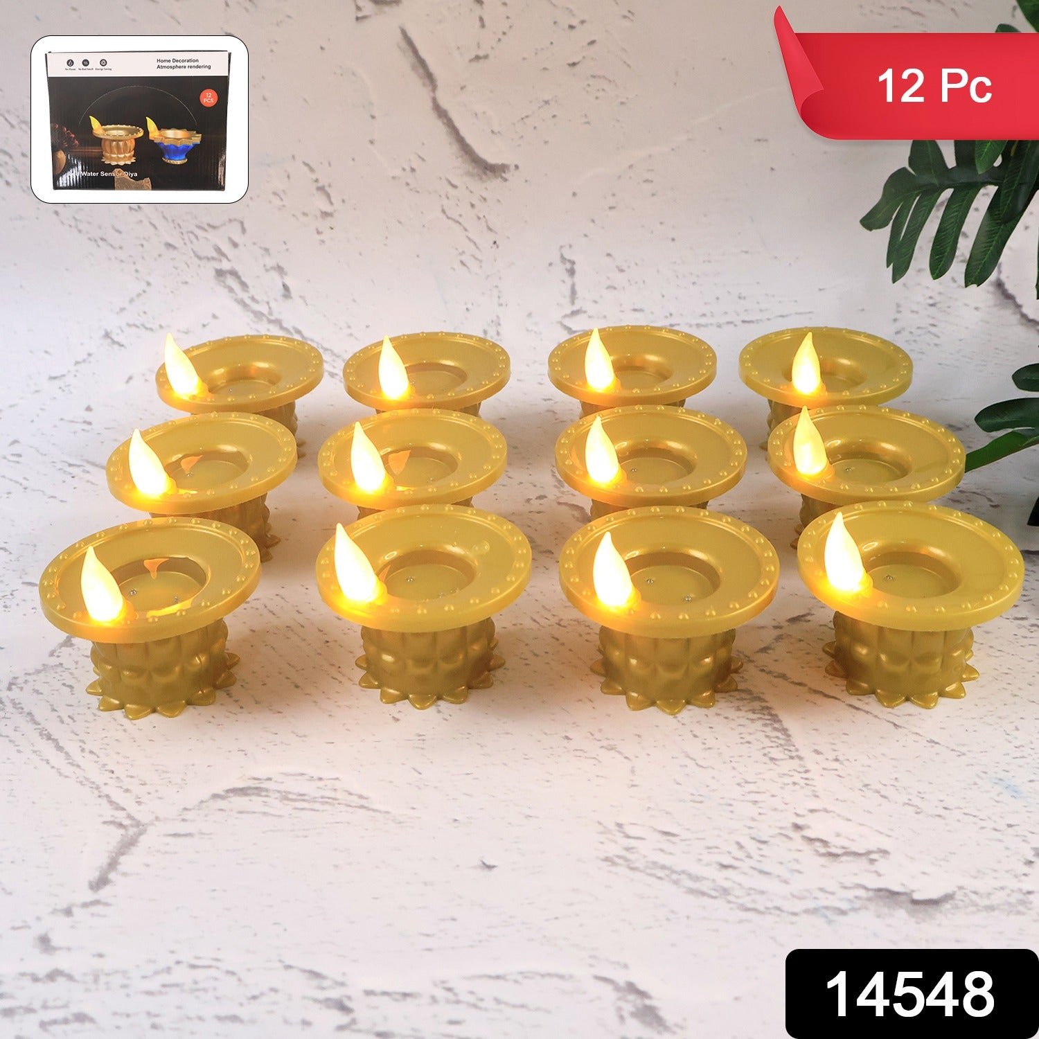 Water Sensor LED Diyas – Set of 12 Flameless Golden Lights