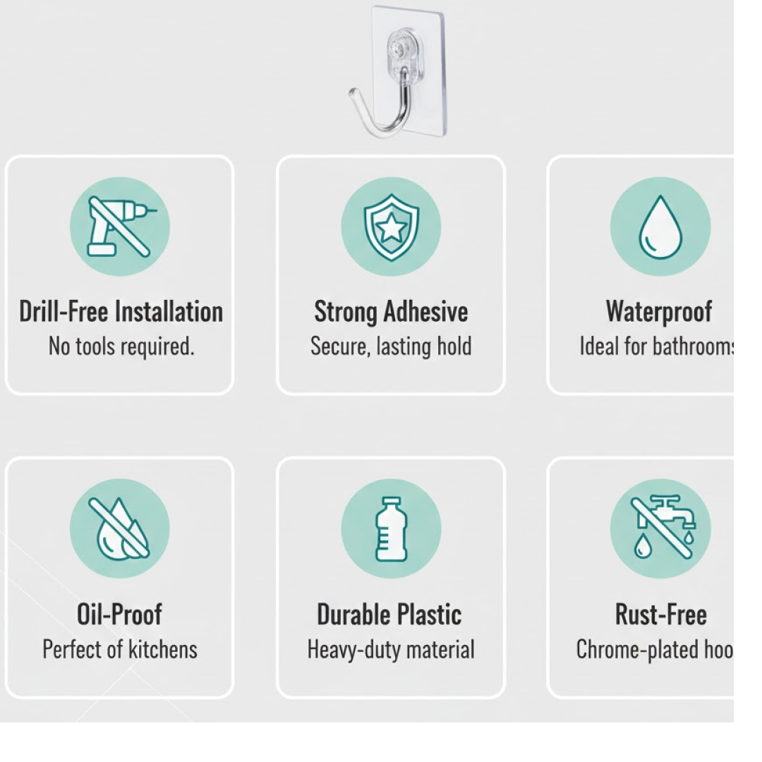 18206 Plastic Self Adhesive Wall Hooks – Heavy Duty 15KG Capacity