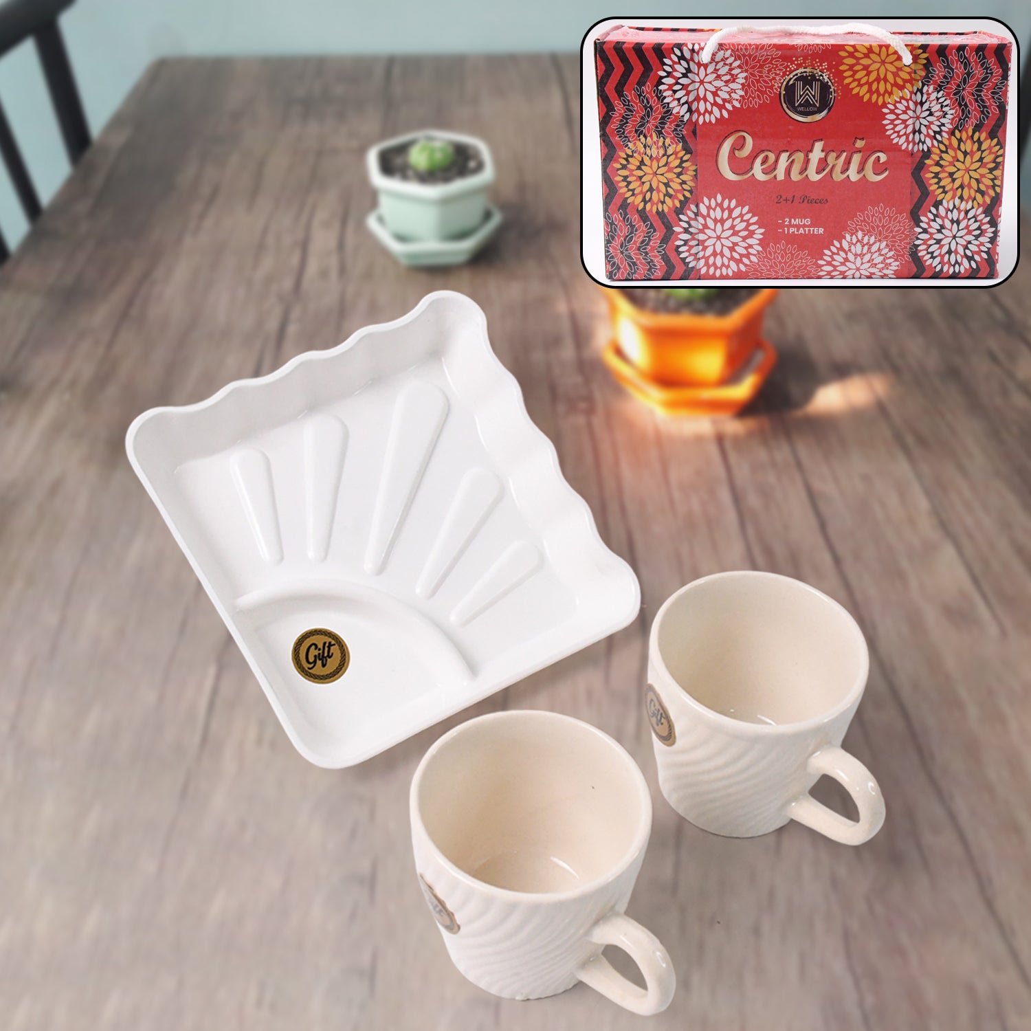 Ceramic Tea Cup Set – Includes Plastic Square Serving Platter