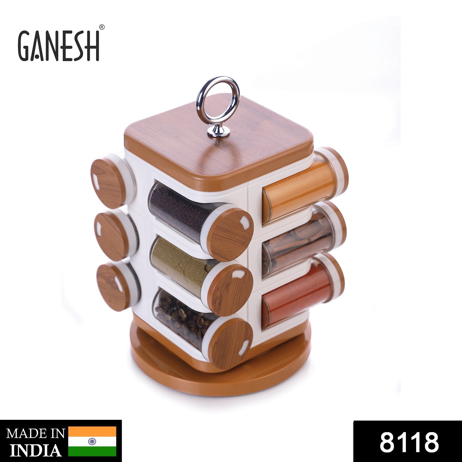 Revolving Spice Rack – 12-Jar Masala Box for Kitchen | Ganesh