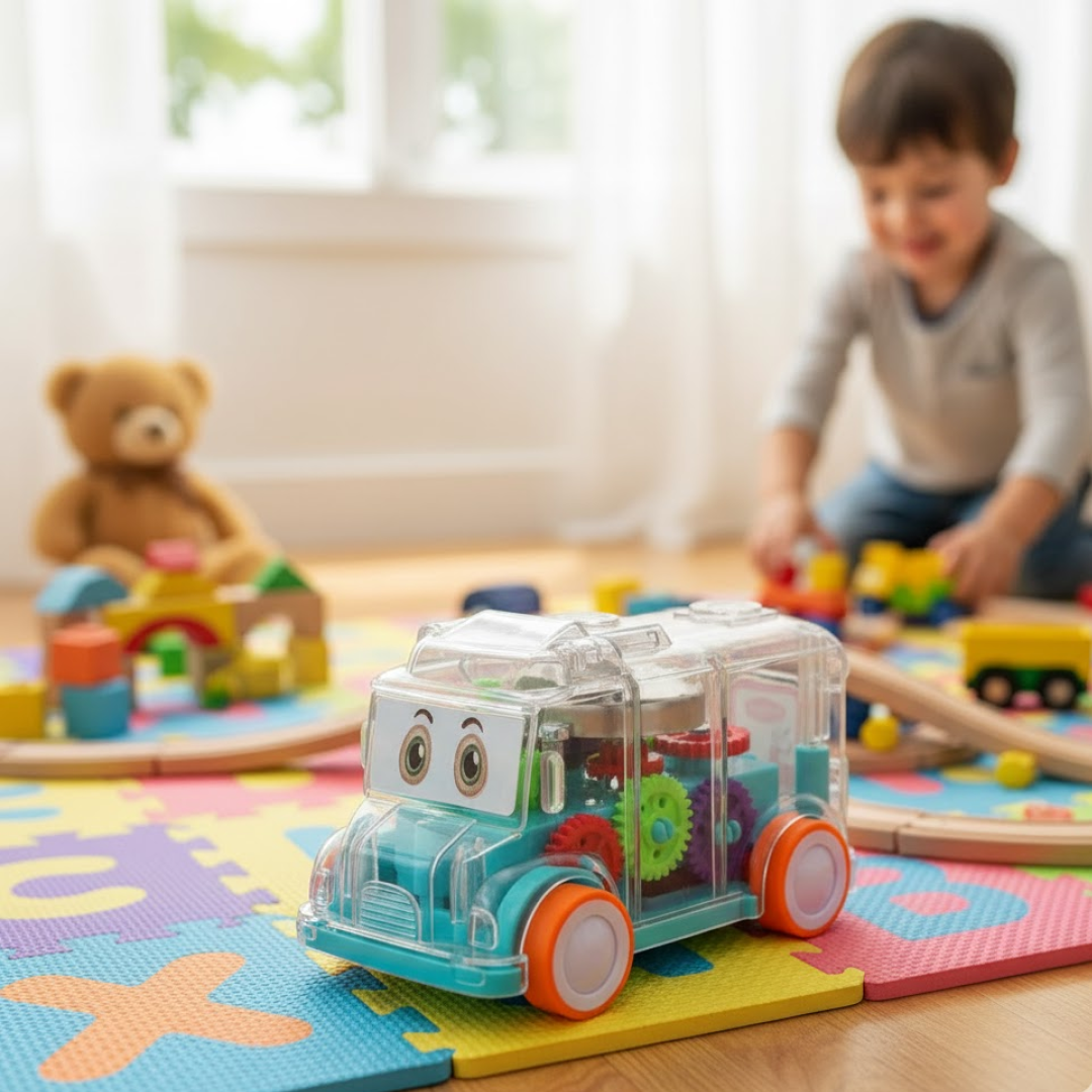 Transparent Musical School Bus Toy – Educational Gear Fun for Kids | Aditi