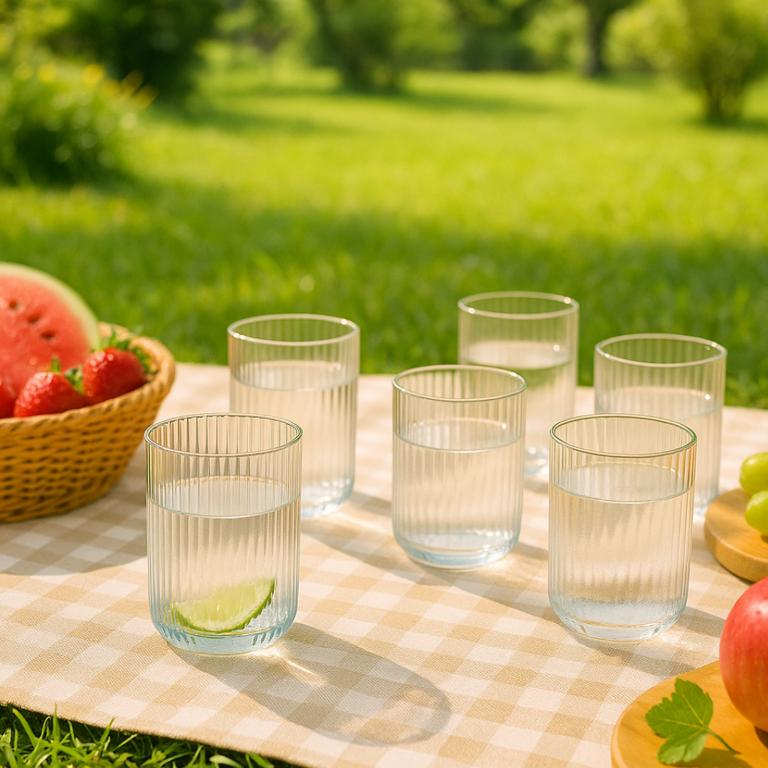 Plastic Glass Set – 6 Tall Ribbed 300ml Unbreakable Glasses