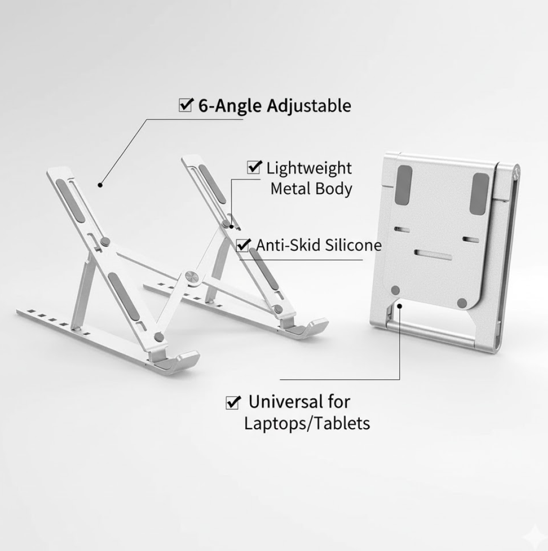 Portable Laptop Stand – 6-Angle Metal Riser for Desk | Wiregenix