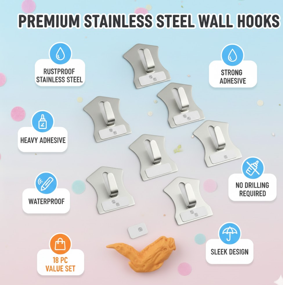 Stainless Steel Wall Hooks – 18 Pc Heavy Duty Set | Styleva