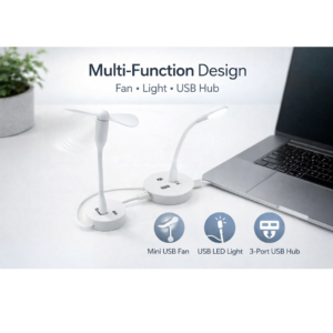 Portable USB Fan, Light & 3-Port Hub Combo for Laptops | Deskrova