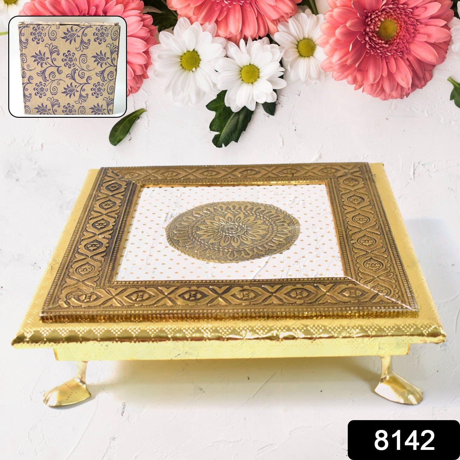 Pooja Chowki – Golden Square Wooden Bajot (20x20 CM) | Styleva