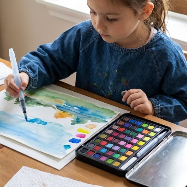 Solid Watercolor Paint Palette Kit with Metal Storage Box and Water Brush (1 Set)