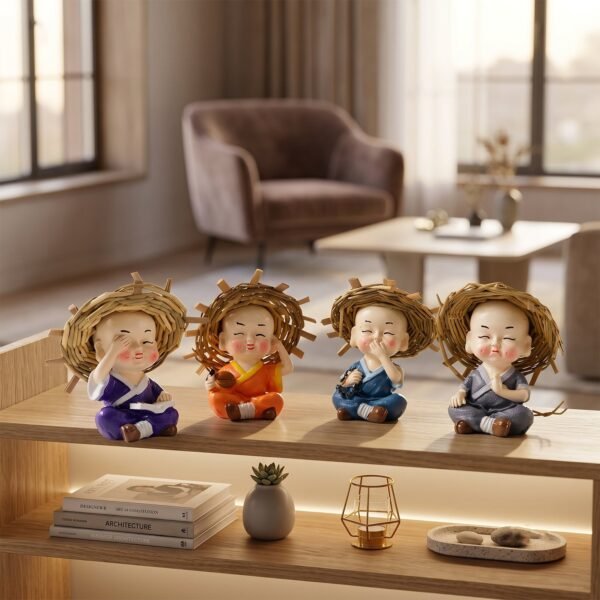 Baby Monk Buddha Decorative Figurine Set for Car Dashboard and Home Decor (4 Pc)