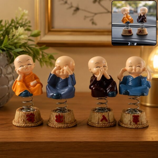 Baby Monk Buddha Bobblehead Figurine Set for Car Dashboard and Home Decor (4 Pc)