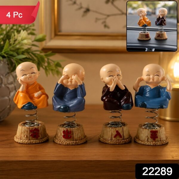 Baby Monk Buddha Bobblehead Figurine Set for Car Dashboard and Home Decor (4 Pc)