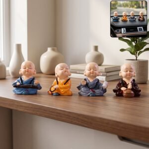 Little Monk Buddha Statue Set for Car Dashboard, Office Desk and Home Decor (4 Pc)