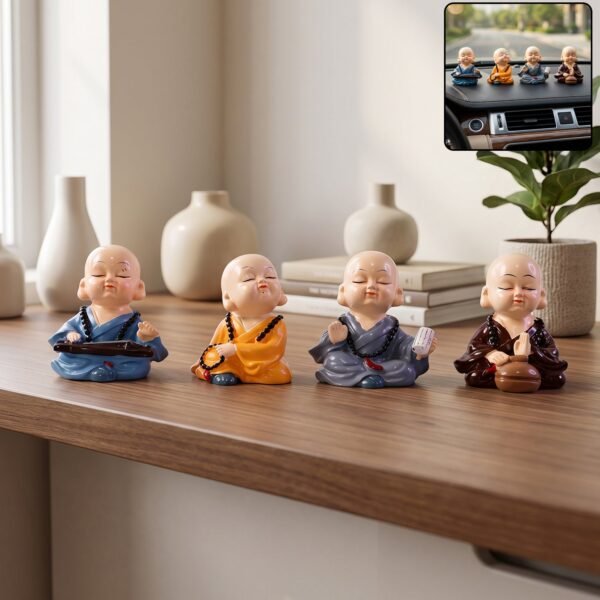 Little Monk Buddha Statue Set for Car Dashboard, Office Desk and Home Decor (4 Pc)