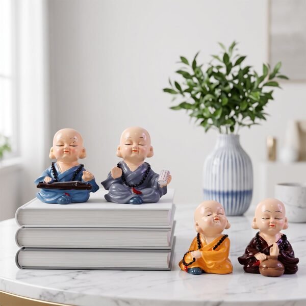 Little Monk Buddha Statue Set for Car Dashboard, Office Desk and Home Decor (4 Pc)