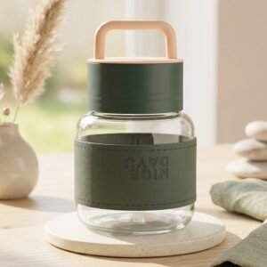 Glass Water Bottle – Stylish, Portable with Handle & Leather Sleeve