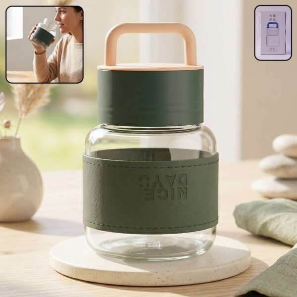 Glass Water Bottle – Stylish, Portable with Handle & Leather Sleeve