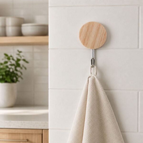 Self-Adhesive Wall Hooks – No Drill, Stylish Wooden Finish