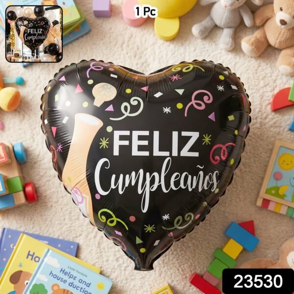 Black Heart Feliz Cumpleaños Foil Balloon – Bright Party Decor