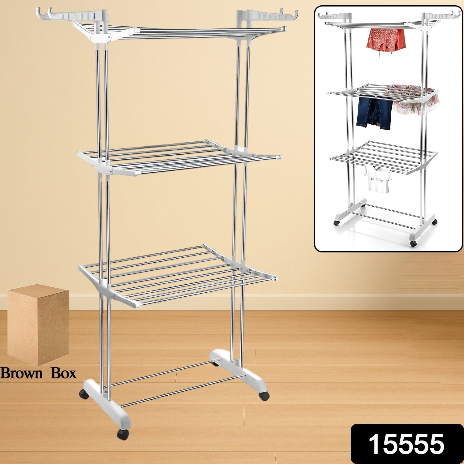 Cloth Drying Stand – 3-Tier Foldable Stainless Steel with Wheels