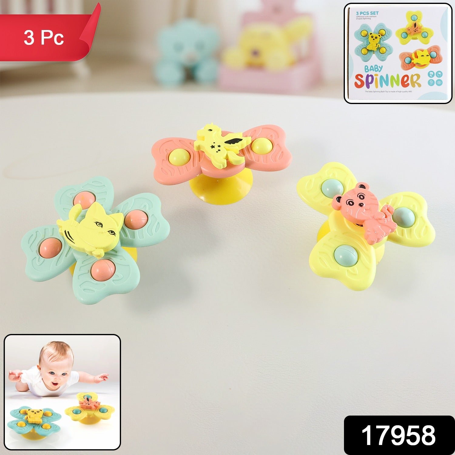 Baby Spinner Toy Set – 3-Pc Suction Cup Spinning Toys for Sensory Play
