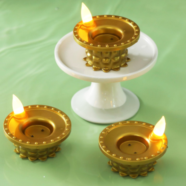 Water Sensor LED Diyas Set – Flameless Golden for Festive Decor